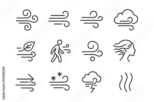 Wind Icons Collection. Line style icons of wind and breeze: swirly wind, gust icon, wind lines, cloud with wind; leaf blowing,