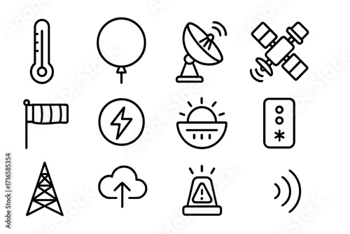 Weather Equipment Icons. Line style icons of weather equipment: thermometer, weather balloon, radar dish, satellite icon; wind