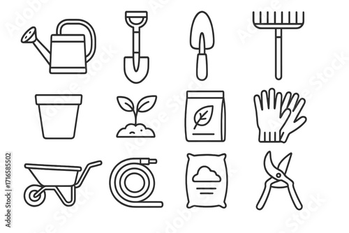 Garden Tool Icons. Line style icons of garden essentials: watering can, garden shovel, trowel, rake; flower pot, plant sprout,