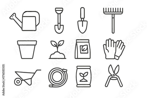 Garden Tool Icons. Line style icons of garden essentials: watering can, garden shovel, trowel, rake; flower pot, plant sprout,