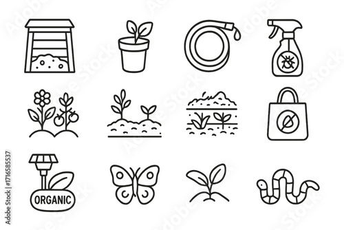 Eco Gardening Icons. Line style icons of eco gardening: compost bin, reusable pot, water-saving hose, natural pesticide; companion