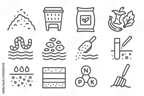 Composting Icons Collection. Line style icons of composting and soil care: compost pile, compost bin, compost bag, organic waste;