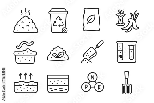 Composting Icons Collection. Line style icons of composting and soil care: compost pile, compost bin, compost bag, organic waste;