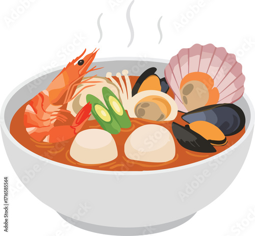 Bowl of seafood soup with shrimp, mussels, scallops, and other ingredients.
