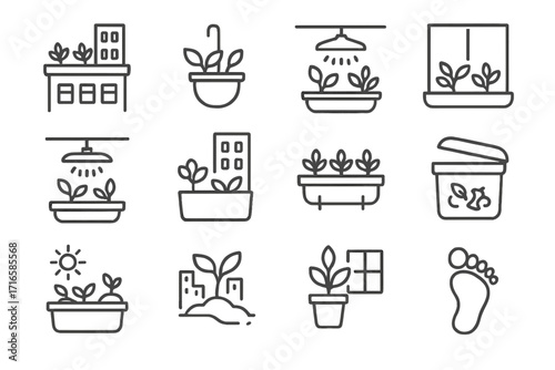 Urban Gardening Icons. Line style icons of urban gardening: rooftop garden, balcony pot, windowsill herb, grow light; city planter