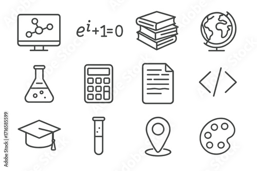Academic Icons Collection. Line style icons of academic subjects: science screen, math formula, book stack, world globe; lab flask