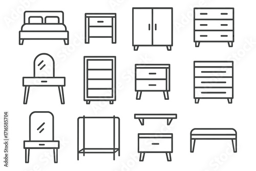 Bedroom Furniture Icons. Line style icons of bedroom furniture: bed frame, nightstand, wardrobe, dresser; vanity table, bookshelf,