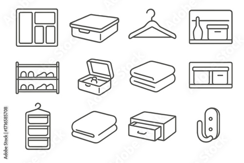 Minimalist Storage Icons. Line style icons of storage solutions: drawer organizer, under-bed box, clothes hanger, storage basket;