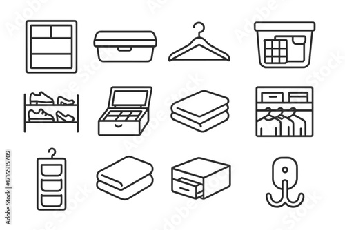 Minimalist Storage Icons. Line style icons of storage solutions: drawer organizer, under-bed box, clothes hanger, storage basket;