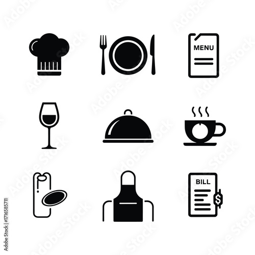 Collection of nine classic restaurant and food service icons in a grid layout for easy use