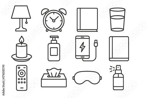 Nightstand Essentials Icons. Line style icons of nightstand essentials: lamp, clock, book, glass of water; candle, lotion bottle,