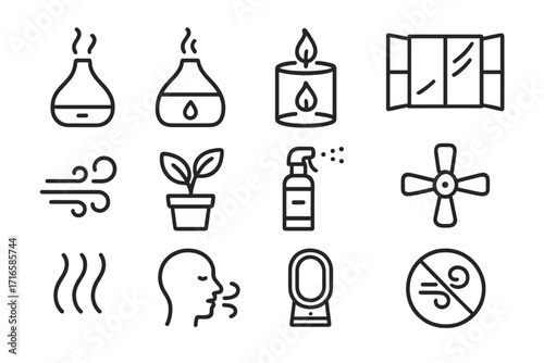 Bedroom Air Iconography. Line style icons of bedroom air and scent: essential oil diffuser, humidifier, scented candle, open