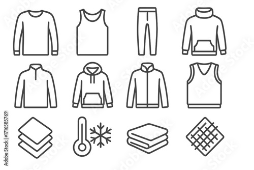 Winter Layering Icons. Line style icons of winter layering items: long-sleeve thermal, undershirt, base layer pants, turtleneck;