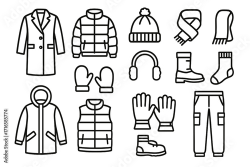 Winter Clothing Icons. Line style icons of winter clothing essentials: wool coat, puffer jacket, knit hat, fleece scarf; mittens,