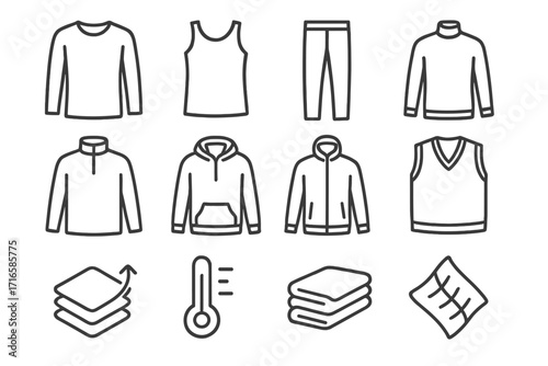 Winter Layering Icons. Line style icons of winter layering items: long-sleeve thermal, undershirt, base layer pants, turtleneck;