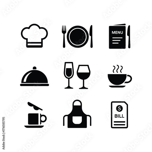 Collection of restaurant service icons for dining hospitality and food industry needs