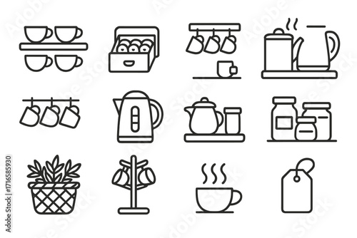 Kitchen Tea Icons. Line style icons of kitchen tea space: shelf with cups, tea drawer, labeled jars, steeping corner; hanging mugs
