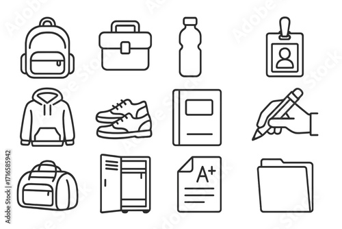 Student Essentials Icons. Line style icons of student essentials: backpack, lunchbox, water bottle, ID badge; hoodie, school shoes