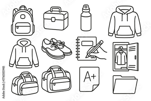 Student Essentials Icons. Line style icons of student essentials: backpack, lunchbox, water bottle, ID badge; hoodie, school shoes
