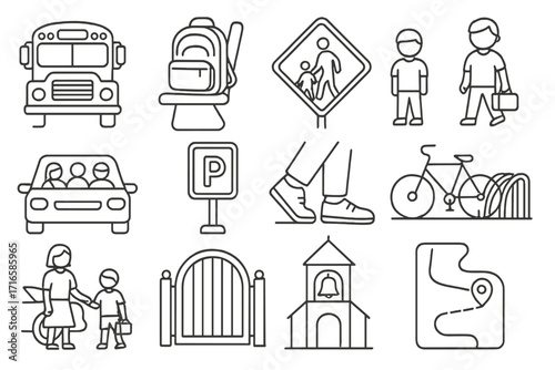 School Commute Icons. Line style icons of school transportation: school bus, backpack on seat, crossing sign, student with