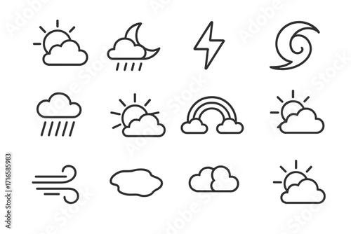 Weather Icons Collection. Line style icons of weather changes: sun with cloud, moon with rain, lightning strike, storm path;