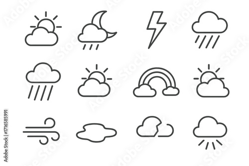 Weather Icons Collection. Line style icons of weather changes: sun with cloud, moon with rain, lightning strike, storm path;