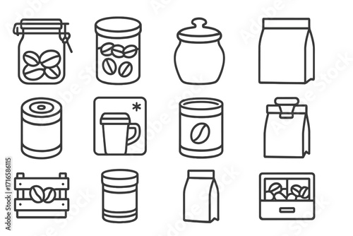 Coffee Storage Icons. Line style icons of coffee storage: air-tight jar, bean canister, ceramic container, sealed bag; vacuum can,