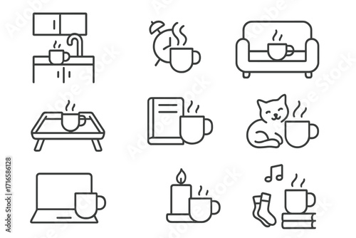 Cozy Coffee Moments Icons. Line style icons of coffee moments at home: kitchen mug, morning brew, sofa with cup, window coffee;