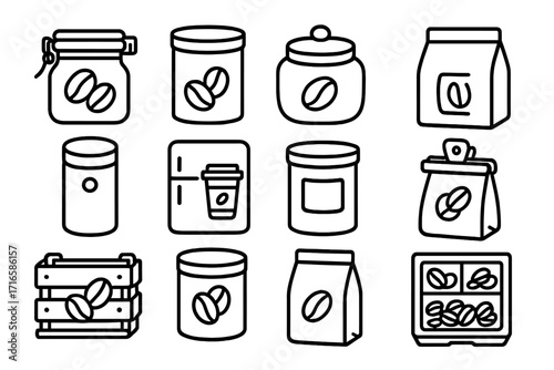 Coffee Storage Icons. Line style icons of coffee storage: air-tight jar, bean canister, ceramic container, sealed bag; vacuum can,