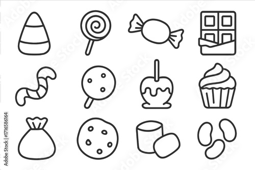 Halloween Candy Icons. Line style icons of Halloween sweets: candy corn, lollipop, wrapped candy, chocolate bar; gummy worm,