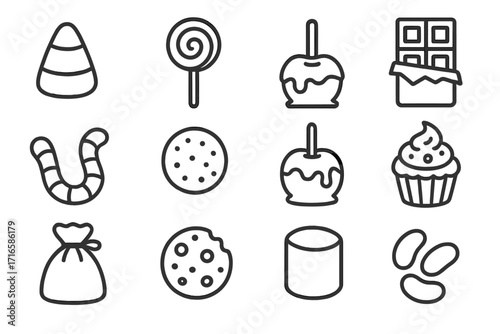 Halloween Candy Icons. Line style icons of Halloween sweets: candy corn, lollipop, wrapped candy, chocolate bar; gummy worm,