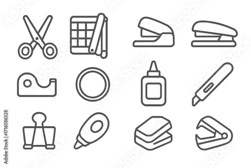 Craft Tool Icons. Line style icons of cutting and binding tools: scissors, paper trimmer, hole punch, stapler; tape dispenser,