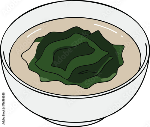 A simple illustration of a bowl of miso soup with seaweed on top.