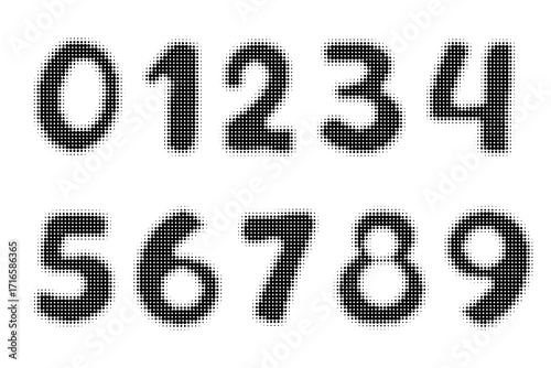 Vector numbers set with halftone gradient effect, bold retro typography design for poster, sticker, or modern layout.