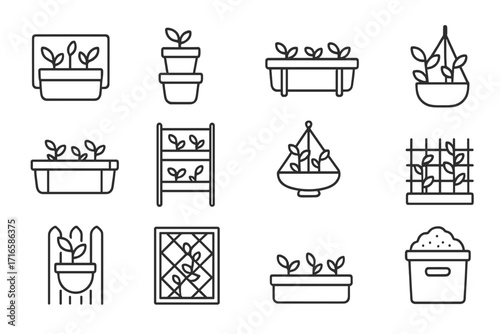 Vertical Gardening Icons. Line style icons of vertical and small-space gardening: wall planter, stacking pots, railing box, grow