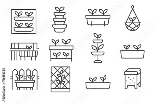 Vertical Gardening Icons. Line style icons of vertical and small-space gardening: wall planter, stacking pots, railing box, grow