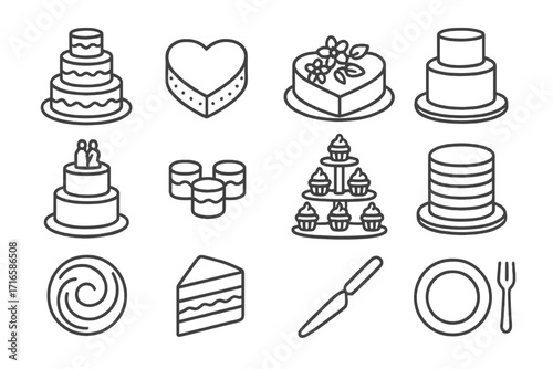 Wedding Cake Icons. Line style icons of wedding cake styles: tiered cake, heart-shaped cake, floral cake, simple white cake; cake