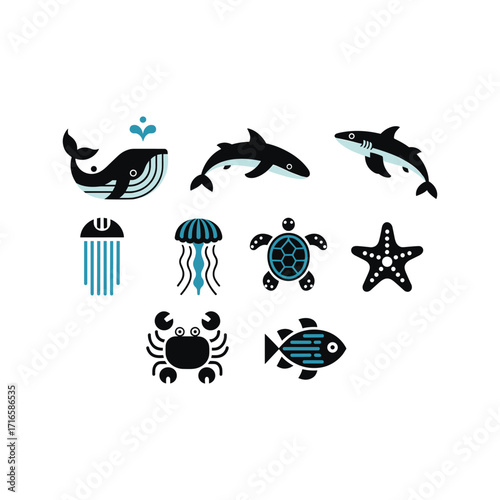Collection of cartoon sea creatures including whale dolphin jellyfish turtle fish crab starfish