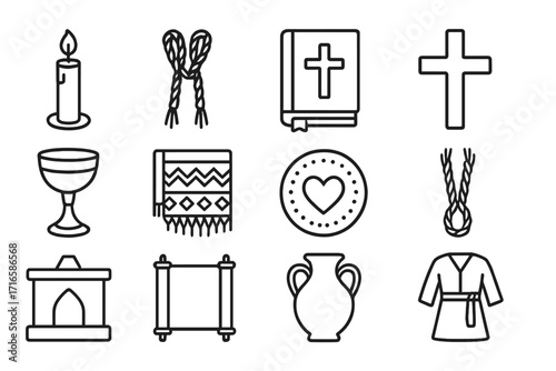 Religious Line Icons. Line style icons of religious and cultural items: ceremonial candle, unity rope, prayer book, cross icon;