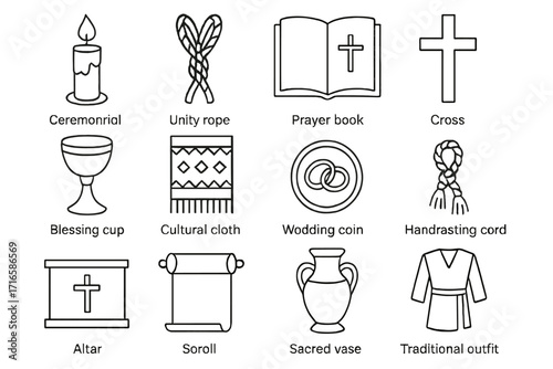 Religious Line Icons. Line style icons of religious and cultural items: ceremonial candle, unity rope, prayer book, cross icon;
