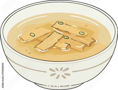 A bowl of miso soup with bamboo shoots and green onions, a Japanese cuisine.