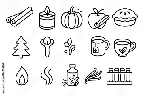Seasonal Scent Icons. Line style icons of seasonal scents: cinnamon stick, scented candle, pumpkin spice, baked pie; pine scent,