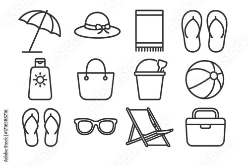 Beach Essentials Icons. Line style icons of beach essentials: beach umbrella, sun hat, beach towel, flip-flops; sunscreen bottle,