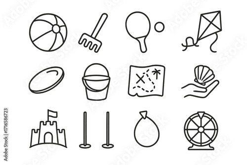 Beach Game Icons. Line style icons of beach games and activities: beach ball, sand rake, paddle game, kite string; disc toss,
