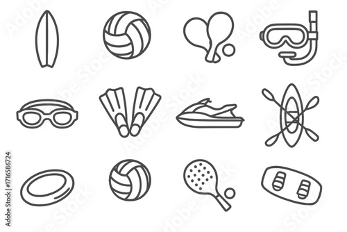 Summer Sports Icons. Line style icons of summer sports: surfboard, beach volleyball, paddle ball, snorkel gear; swim goggles,