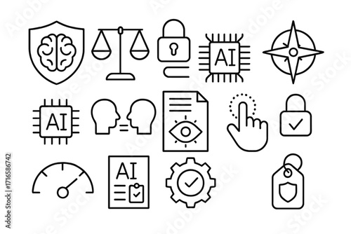 AI Ethics Icons. Line style icons of ethics and safety in AI: shield with brain, bias scale, secure AI, ethical compass; locked AI