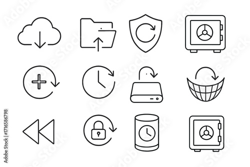 Backup and Recovery Icons. Line style icons of backup and recovery: cloud backup, folder restore, shield with arrow, archive vault