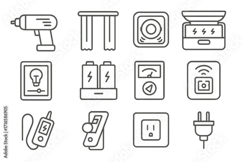 Home Maintenance Icons. Line style icons of home maintenance tech: electric screwdriver, motorized curtain opener, auto window