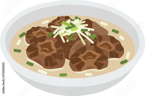 An illustration of a bowl of oxtail soup, a hearty stew garnished with chopped scallions and leeks.