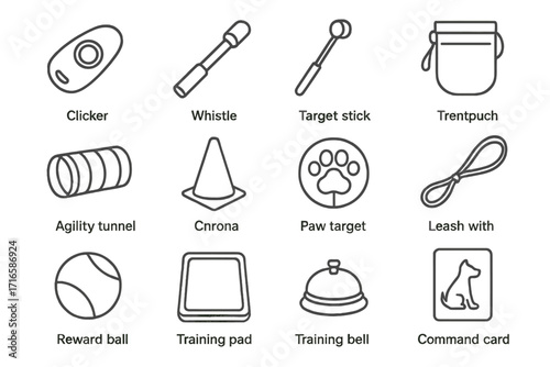 Pet Training Icons. Line style icons of pet training tools: clicker, whistle, target stick, treat pouch; agility tunnel, training